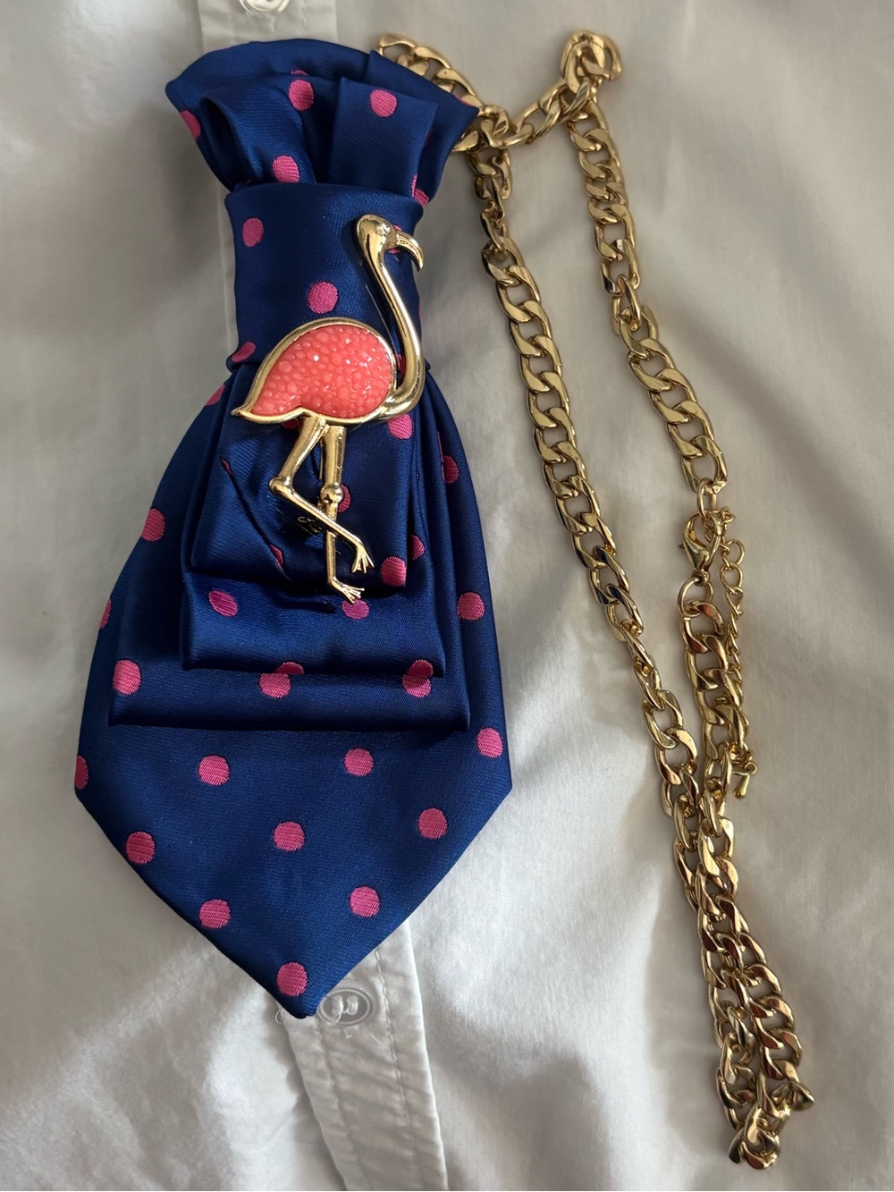 Navy Pink Polka Dot Gold Coral Flamingo Brooch Pin Pendant Necktie Tie Necklace
